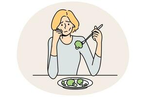 Unhappy anorexic woman suffer eating food. Upset stressed skinny female struggle with meal disorder. Health problem and healthcare. Vector illustration.