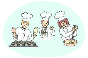 Little kids cooks have fun baking together. Smiling small children in uniforms cooking preparing desserts at kitchen. Workshop or future profession. Vector illustration.