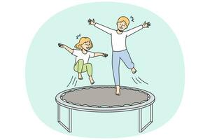 Overjoyed small kids have fun jumping on trampoline outdoors. Smiling little children enjoy playing outside involved in funny playful game. Childhood leisure. Vector illustration.