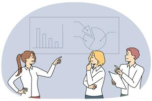 los empresarios intercambian ideas sobre gráficos financieros juntos en el cargo. los empleados hablan sobre los diagramas en la reunión en el lugar de trabajo. trabajo en equipo. ilustración vectorial vector