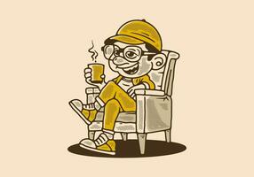 illustration of a man relaxing on a chair and holding a cup of coffee vector