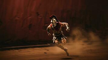 Generative AI, Realistic illustration of a fierce gladiator attacking, running. Armoured roman gladiator in combat wielding a sword charging towards his enemy. photo