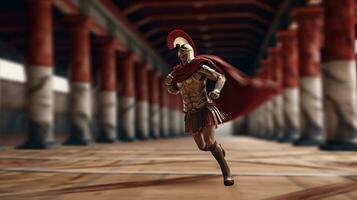 Generative AI, Realistic illustration of a fierce gladiator attacking, running. Armoured roman gladiator in combat wielding a sword charging towards his enemy. photo