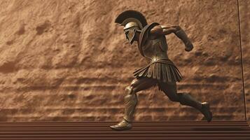 Generative AI, Realistic illustration of a fierce gladiator attacking, running. Armoured roman gladiator in combat wielding a sword charging towards his enemy. photo