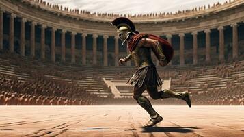 Generative AI, Realistic illustration of a fierce gladiator attacking, running. Armoured roman gladiator in combat wielding a sword charging towards his enemy. photo