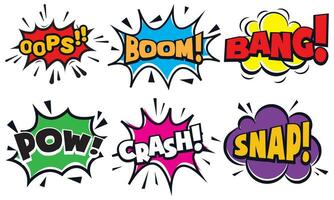 Vector set of comic sound effects, pop art message speech bubbles different shapes and emotions with word. Comics fun book balloon. Cartoon explosion cloud dialog on white background.