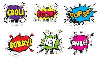 Collection of Cartoon, Comic Speech Bubbles. Colored Dialog Clouds with Halftone Dot Background in Pop Art Style vector