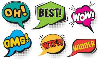 Vector set of comic sound effects, pop art message speech bubbles different shapes and emotions with word. Comics fun book balloon. Cartoon explosion cloud dialog on white background.