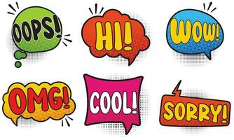 Collection of Cartoon, Comic Speech Bubbles. Colored Dialog Clouds with Halftone Dot Background in Pop Art Style vector