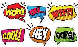 Collection of Cartoon, Comic Speech Bubbles. Colored Dialog Clouds with Halftone Dot Background in Pop Art Style vector