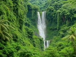 a waterfall surrounded by lush green vegetation ai generated photo