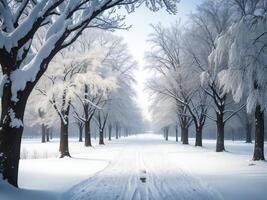 un Nevado camino en un parque con arboles ai generado foto