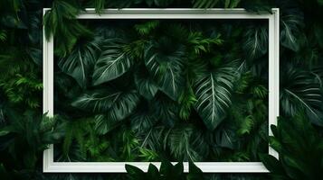 Generative AI, creative layout with green leaves and square frame, flat lay. Nature background with copy space photo