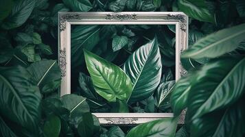 Generative AI, creative layout with green leaves and square frame, flat lay. Nature background with copy space photo