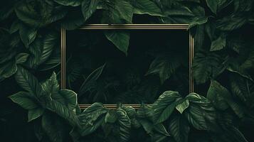 Generative AI, creative layout with green leaves and square frame, flat lay. Nature background with copy space photo