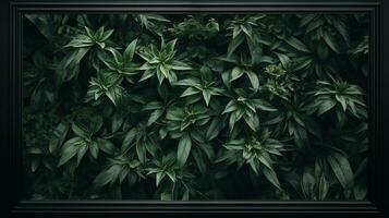 Generative AI, creative layout with green leaves and square frame, flat lay. Nature background with copy space photo