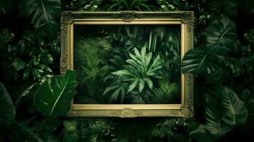 Generative AI, creative layout with green leaves and square frame, flat lay. Nature background with copy space photo