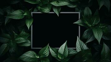 Generative AI, creative layout with green leaves and square frame, flat lay. Nature background with copy space photo