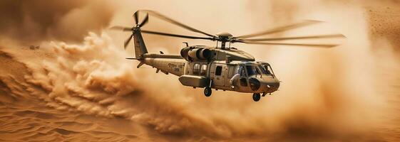 Generative AI, military helicopter takes off in thick dust clouds. photo