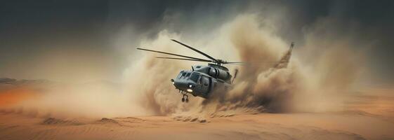 Generative AI, military helicopter takes off in thick dust clouds. photo