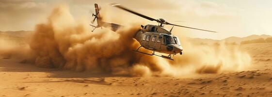 Generative AI, military helicopter takes off in thick dust clouds. photo