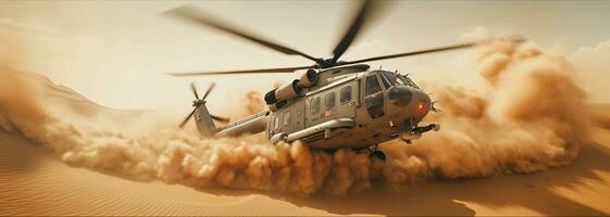 Generative AI, military helicopter takes off in thick dust clouds. photo