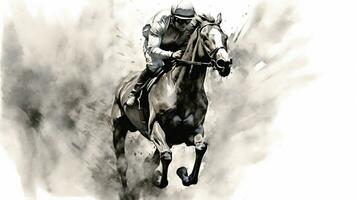 Generative AI, Ink painted racing horse with jockey, equestrian sport, monochrome illustration photo