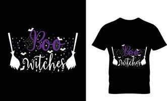 Boo witches - Witch hat , broom, bats and stars. Good for T shirt, poster, card, label, mug and other decoration for Halloween. Ready to print. Black background isolated. vector