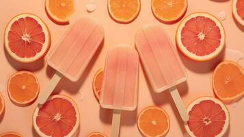 Generative AI, Fruit ice cream or sorbet on a stick, bright color, summer mood, panoramic view photo