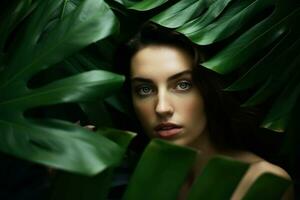 mujer tropical hojas. generar ai foto