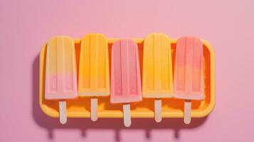 Generative AI, Fruit ice cream or sorbet on a stick, bright color, summer mood, panoramic view photo