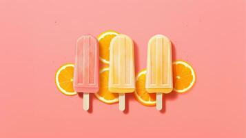 Generative AI, Fruit ice cream or sorbet on a stick, bright color, summer mood, panoramic view photo