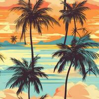 Palm trees sunset seamless pattern. Generate Ai photo