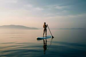 Woman sup board sunset. Generate Ai photo