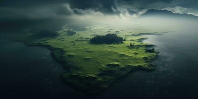 Generative AI, scenic green hills in the clouds, beautiful nature landscape aerial panorama, mountains, aerial photography photo