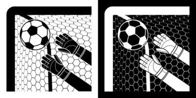 goalkeeper gloved hands catch soccer ball flying into corner of goal. Football goalie protective gear. Isolated vector on white background