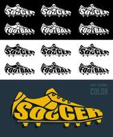 Volumetric letters with name SOCCER and FOOTBALL on background of sports boot, spiked sneaker. Element for print and design of sports competitions. Isolated vector