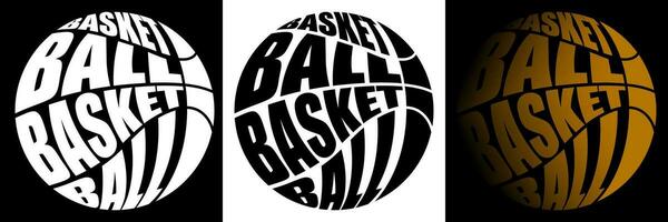 Volumetric letters with name BASKETBALL on background of sports ball. Element for print and design of sports competitions. Isolated vector