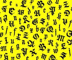 Gothic font, composition. Vector. Medieval Latin letters. Random letters in random order. Black letters isolated on yellow background. Design for fabric and packaging. vector