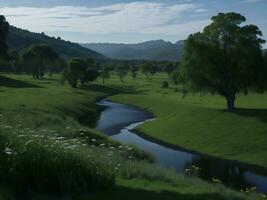un río carreras mediante un lozano verde Valle ai generado foto