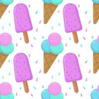 Seamless pattern with colored cartoon ice cream highlighted on a white background. Vector seamless pattern with ice cream. Bright and juicy, seamless pattern.