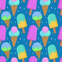 Seamless pattern with colored cartoon ice cream, on a blue background. Vector seamless pattern with ice cream. Bright and juicy, seamless pattern.