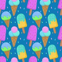 Seamless pattern with colored cartoon ice cream, on a blue background. Vector seamless pattern with ice cream. Bright and juicy, seamless pattern.