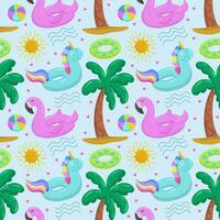 Various items for the beach and recreation.  Inflatable swimming circle with blue unicorn, flamingo, palm tree, sun and waves. Seamless vector pattern on summer and marine themes.