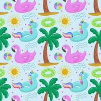 Various items for the beach and recreation.  Inflatable swimming circle with blue unicorn, flamingo, palm tree, sun and waves. Seamless vector pattern on summer and marine themes.