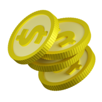 3D rendering of flying falling gold coins with sign of American dollar. Symbol of Success, wealth, income. Realistic PNG illustration isolated on transparent background