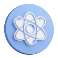 3D rendering of Atom icon. Electrons revolve around proton in orbits. School education in physics. Nuclear power. Realistic blue white PNG illustration isolated on transparent background