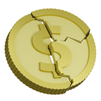 3D rendering of US coin with sign of American dollar shattered into pieces falling apart. Depreciation of money, financial crisis. Realistic PNG illustration isolated on transparent background