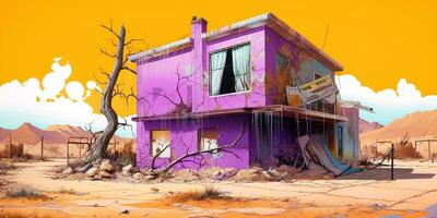 Generative AI, yellow and purple vintage retro landscape, abstract graffiti street art, painting of fantasy landscape photo