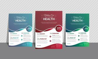 Medical and health multipurpose flyer set of 3 gradient colors. Most unique curvy and geometric shapes, background image, and layout.A4 size. Blue, sky blue, red, green, neon. vector